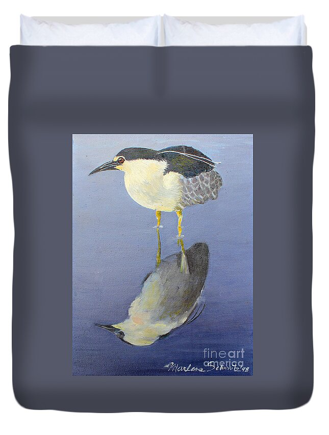 Heron Duvet Cover featuring the painting Cold Feet by Marlene Schwartz Massey