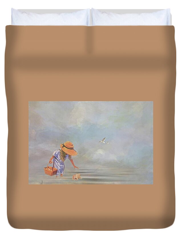 Little Girl Collecting Sea Shells In A Basket Duvet Cover featuring the photograph Collecting Sea Shells by Mary Timman