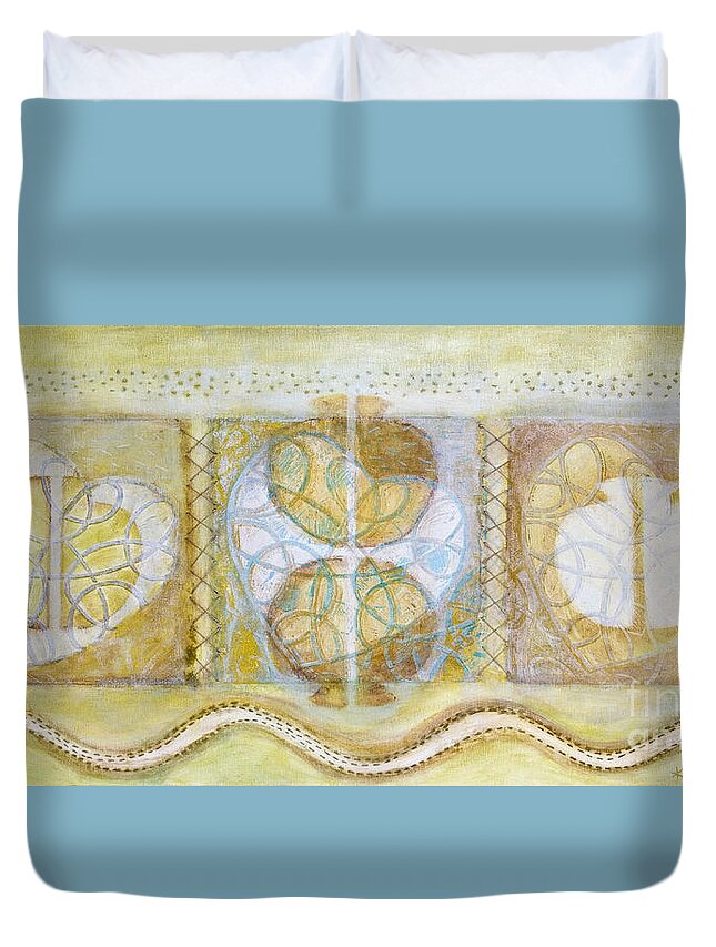 Symbolism Duvet Cover featuring the painting Collective Unconscious Three equals One equals Enlightenment by Kerryn Madsen- Pietsch