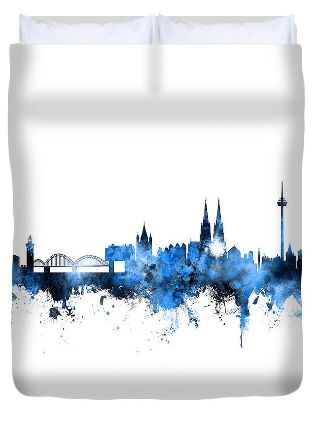Cologne Duvet Cover featuring the digital art Cologne Germany Skyline Blue Signed by Michael Tompsett