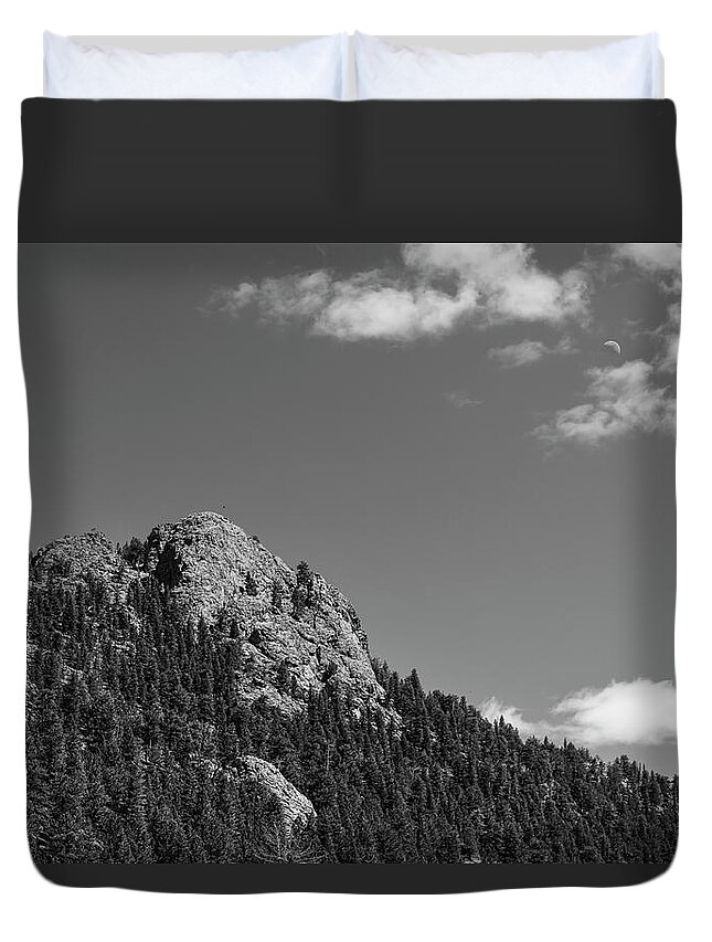 Black White Duvet Cover featuring the photograph Colorado Buffalo Rock With Waxing Crescent Moon In BW by James BO Insogna