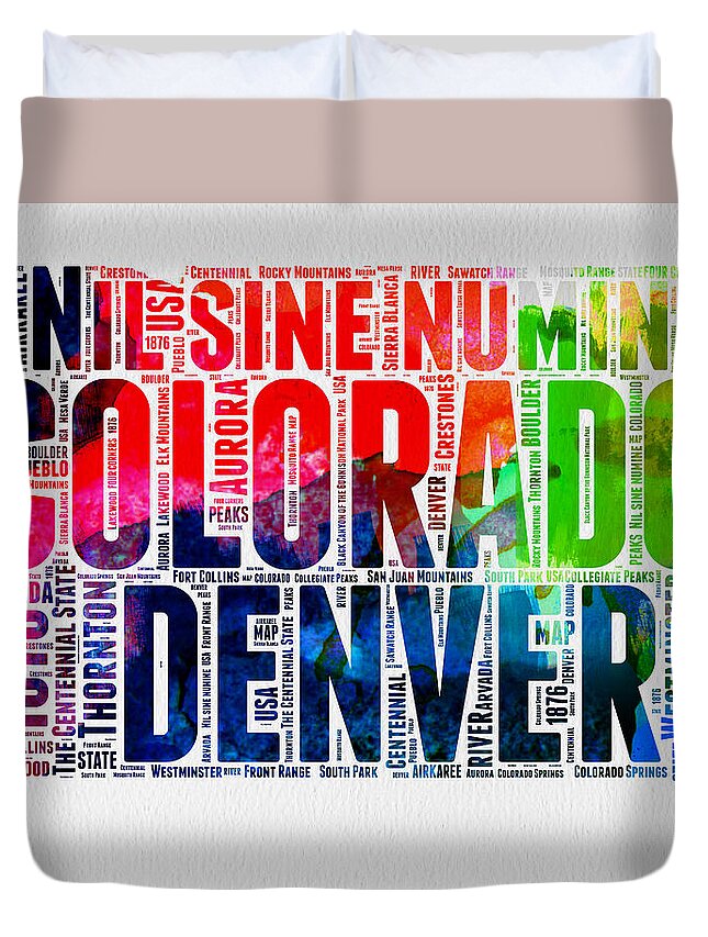  Duvet Cover featuring the digital art Colorado Watercolor Word Cloud Map by Naxart Studio