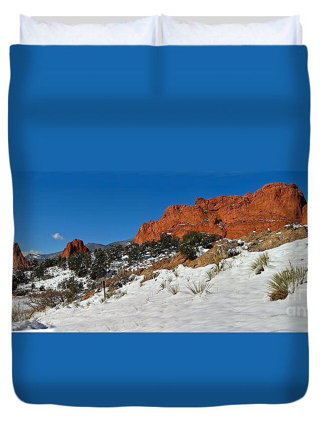 Garden Of The Cogs Duvet Cover featuring the photograph Colorado Winter Red Rock Garden by Adam Jewell
