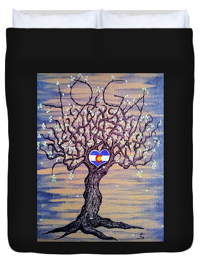 Yoga Duvet Cover featuring the drawing Colorado Yoga Love Tree by Aaron Bombalicki