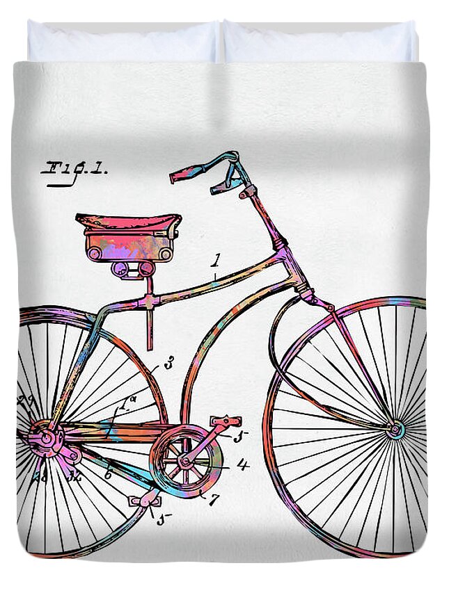 Bicycle Duvet Cover featuring the digital art Colorful 1890 Bicycle Patent Minimal by Nikki Marie Smith