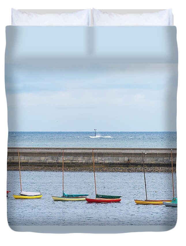 Marblehead Duvet Cover featuring the photograph Colorful Boats Lined up by the Marblehead Harbor Causeway Marblehead MA by Toby McGuire