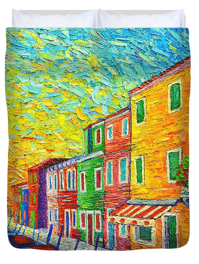 Venice Duvet Cover featuring the painting Colorful Burano Sunrise - Venice - Italy - Palette Knife Oil Painting By Ana Maria Edulescu by Ana Maria Edulescu