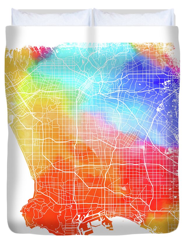 ‘cityscapes' Collection By Serge Averbukh Duvet Cover featuring the digital art Colorful Cities - City Map of Los Angeles by Serge Averbukh