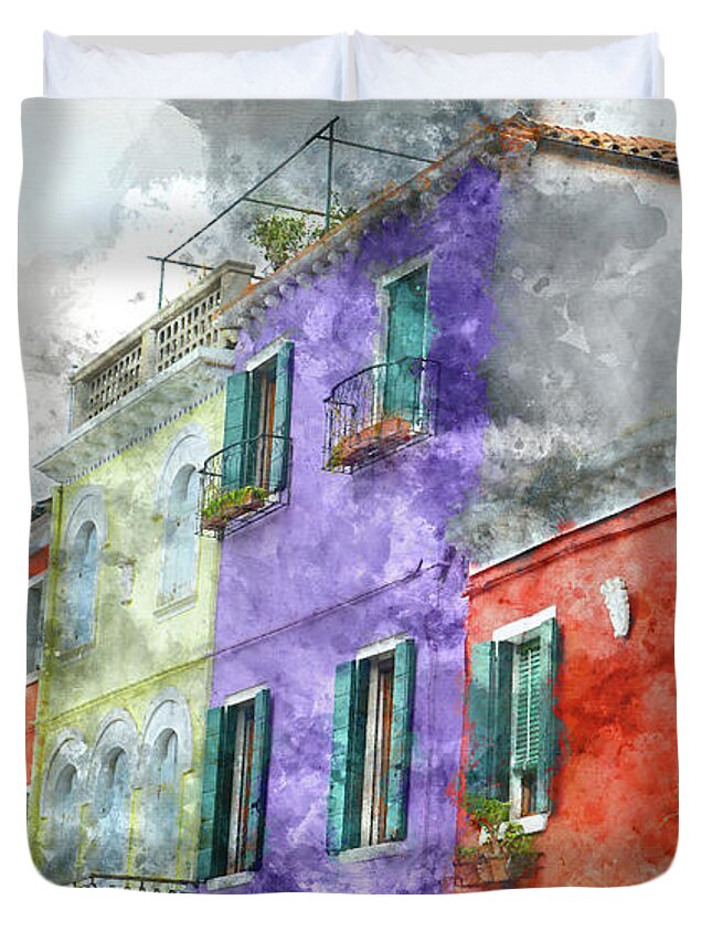 Nobody Duvet Cover featuring the photograph Colorful Homes In Burano Island Venice Italy by Brandon Bourdages