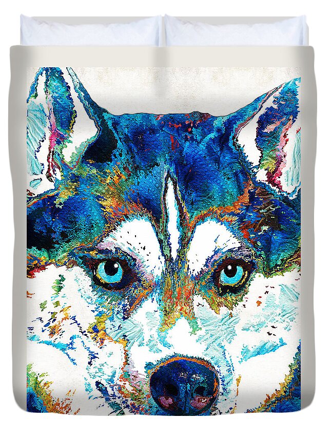 Husky Duvet Cover featuring the painting Colorful Husky Dog Art by Sharon Cummings by Sharon Cummings