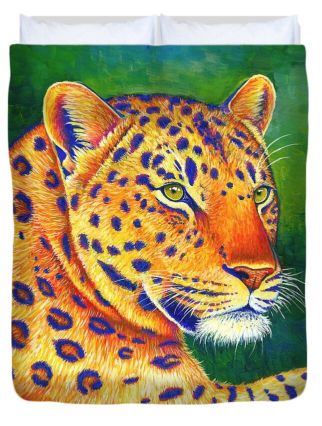 Leopard Duvet Cover featuring the painting Queen of the Jungle - Colorful Leopard by Rebecca Wang