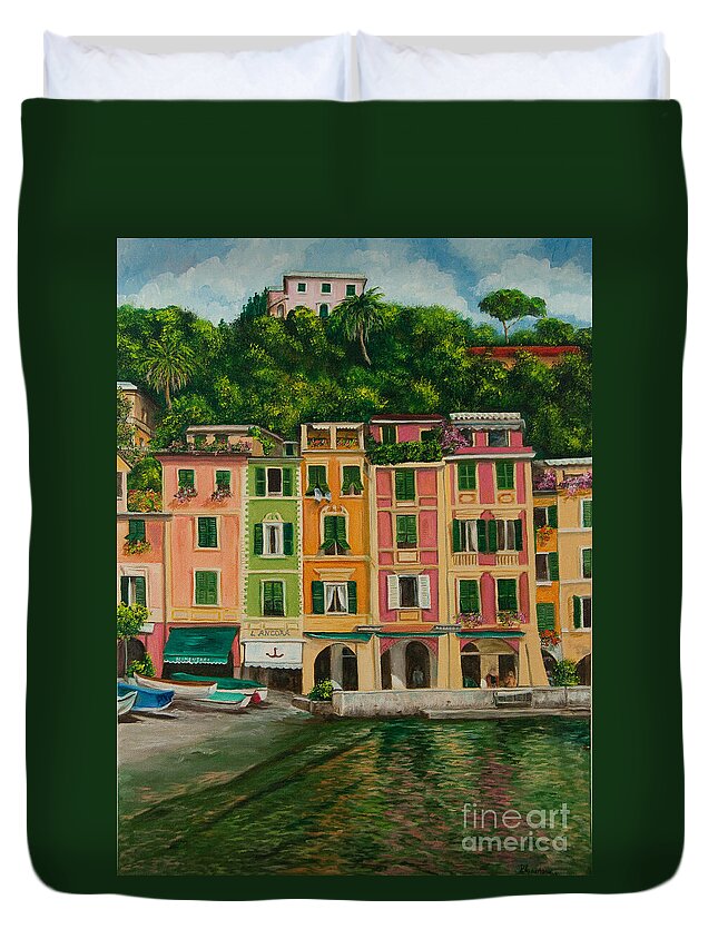 Portofino Italy Art Duvet Cover featuring the painting Colorful Portofino by Charlotte Blanchard