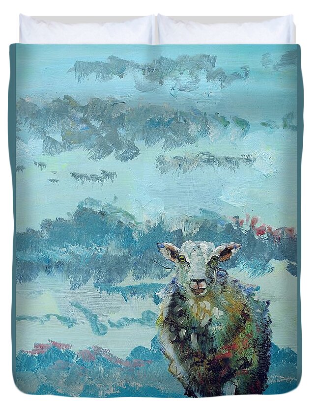 Sheep Duvet Cover featuring the painting Colorful Sheep Art - Out Of The Stormy Sky by Mike Jory