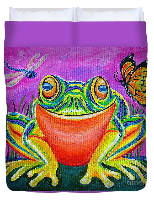 Frog Duvet Cover featuring the painting Colorful Smiling frog-VooDoo Frog by Nick Gustafson
