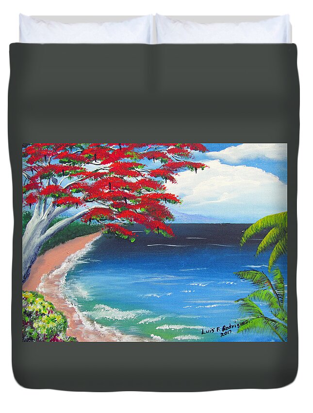 Flamboyant Duvet Cover featuring the painting Colorful Tropical Seascape by Luis F Rodriguez