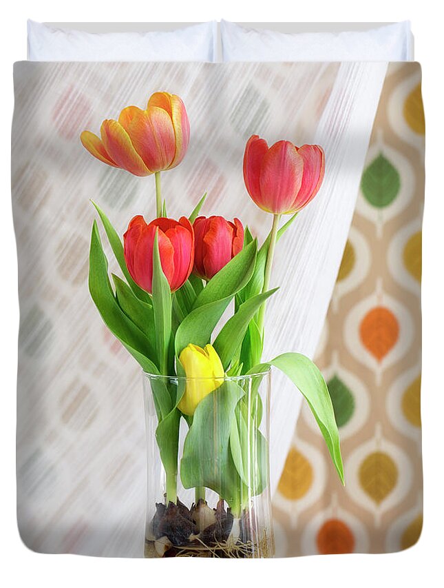 Tulips Duvet Cover featuring the photograph Colorful Tulips and Bulbs in Glass Vase by Susan Gary
