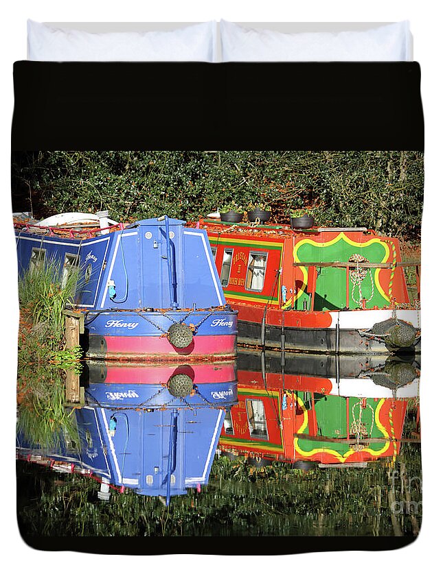 Colourful Canal Boats Barge Wey Canal Surrey Reflections Duvet Cover featuring the photograph Colourful Canal Boats by Julia Gavin