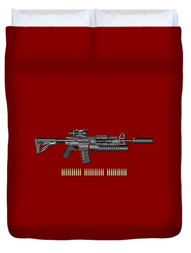 'the Armory' Collection By Serge Averbukh Duvet Cover featuring the digital art Colt M 4 A 1  S O P M O D Carbine with 5.56 N A T O Rounds on Red Velvet by Serge Averbukh