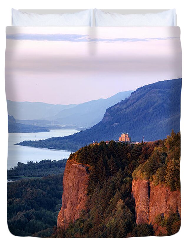 Sunset Duvet Cover featuring the photograph Columbia River Vista House by Mary Jo Allen