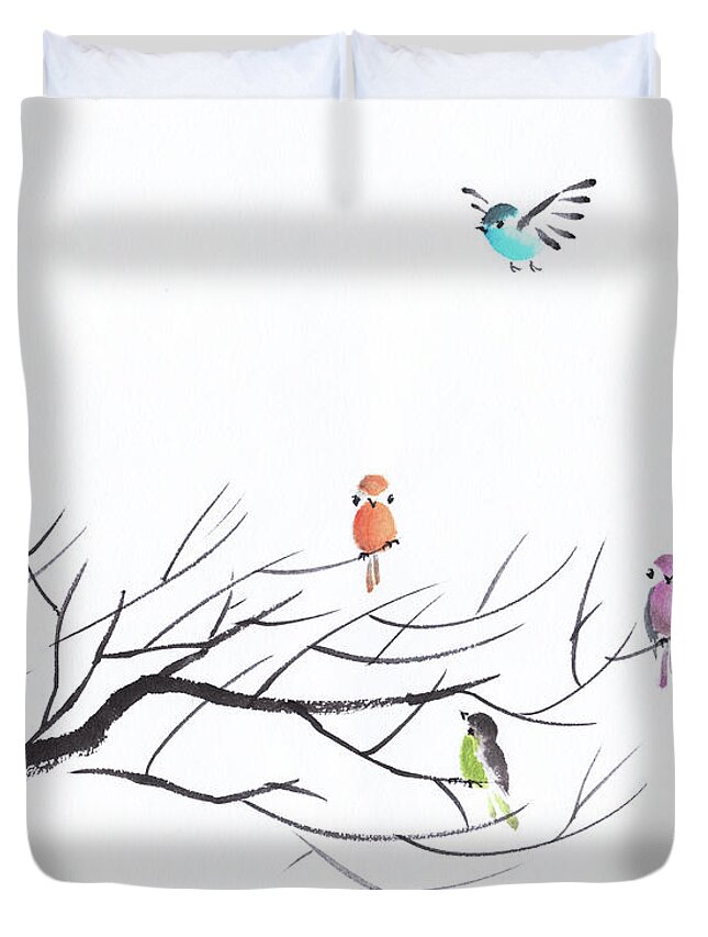 Chinese Birds Duvet Cover featuring the painting Coming Home by Oiyee At Oystudio