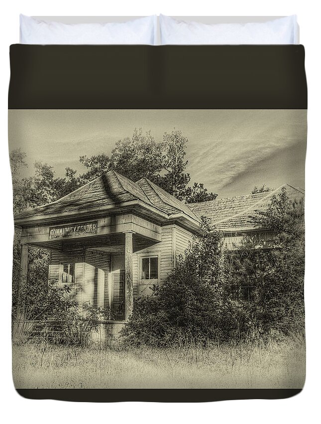 Old Buildings Duvet Cover featuring the photograph Community Center II in Sepia by Harry B Brown