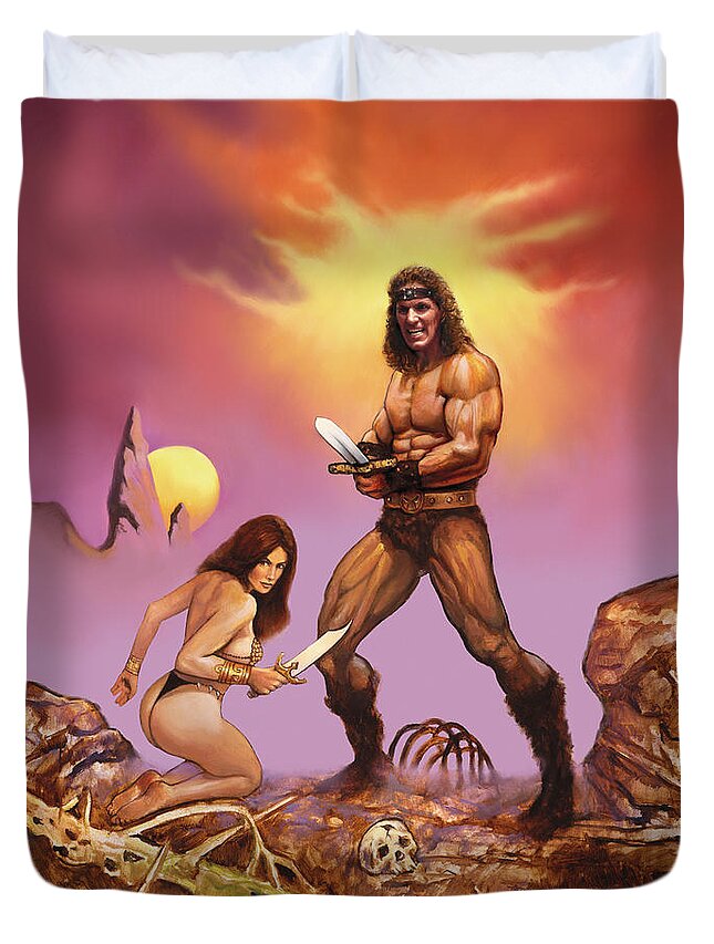 Conan Barbarian Scoff Adventure Fantasy Warrior Beauty Duvet Cover featuring the painting Conan by Murry Whiteman