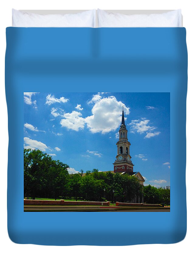 Dallas Duvet Cover featuring the photograph Park Cities Baptist Church - Conspiring With Clouds by Robert J Sadler