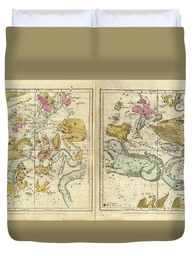 Celestial Map Duvet Cover featuring the drawing Constellations in the Sky - Illustrated Map of the Sky - October to March - Celestial Map by Studio Grafiikka