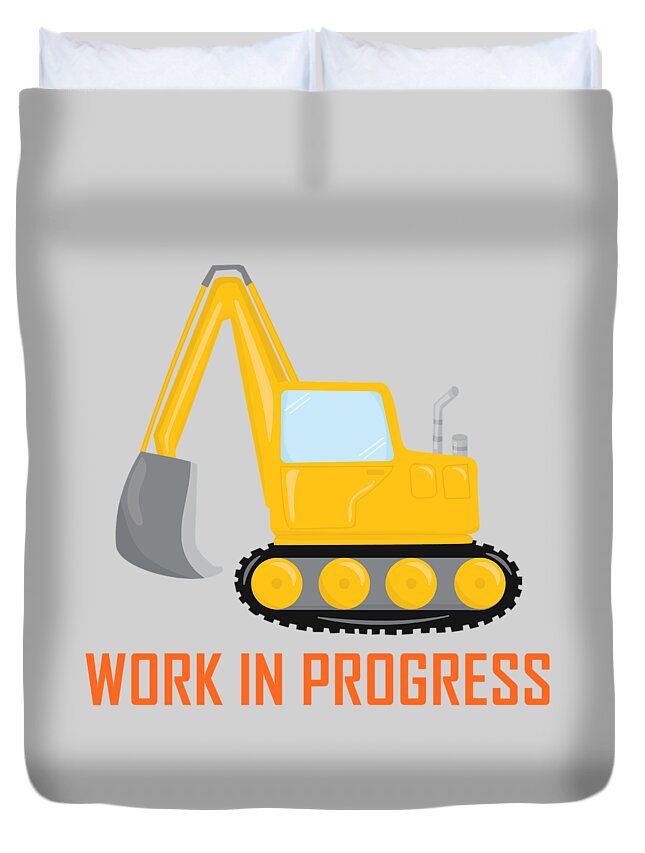Excavator Duvet Cover featuring the digital art Construction Zone - Excavator Work In Progress Gifts - Grey Background by KayeCee Spain