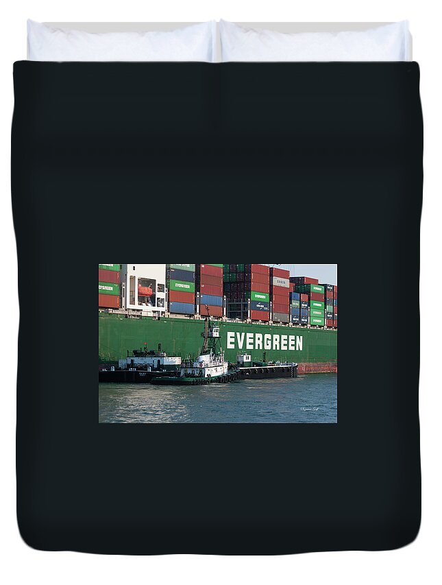 Photograph Duvet Cover featuring the photograph Container Ship with Tug Boats by Suzanne Gaff