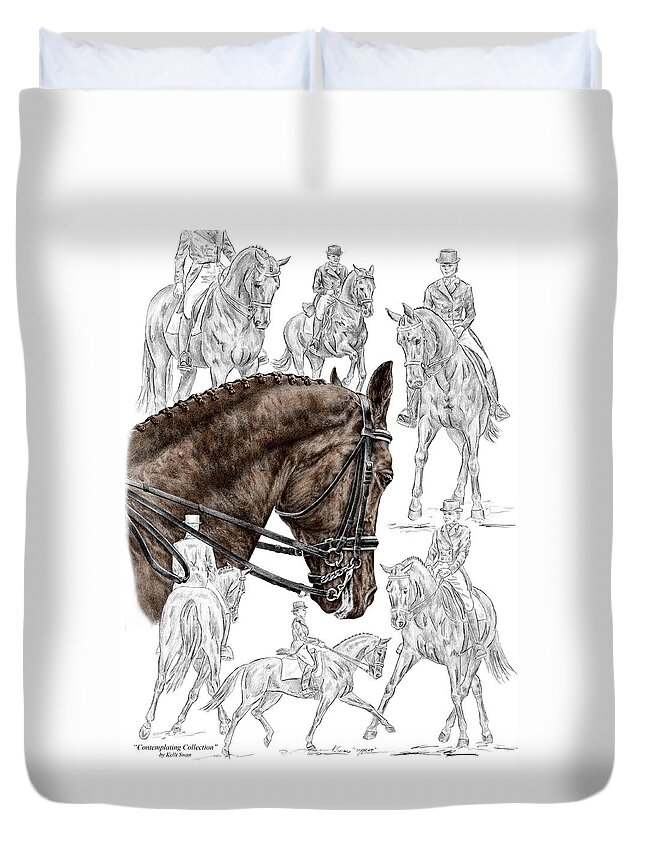 Dressage Duvet Cover featuring the drawing Contemplating Collection - Dressage Horse Print color tinted by Kelli Swan