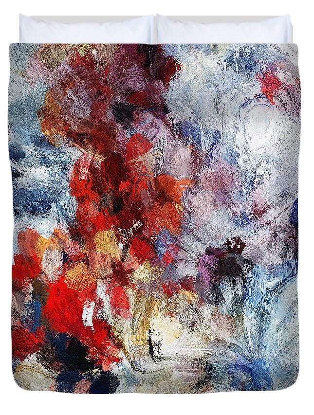 Abstract Duvet Cover featuring the painting Contemporary Abstract Painting in Red / Orange Tones by Inspirowl Design