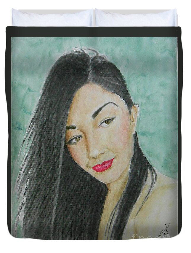 Portrait Duvet Cover featuring the painting Contestant Number 4 -- Portrait of Young Woman by Jayne Somogy