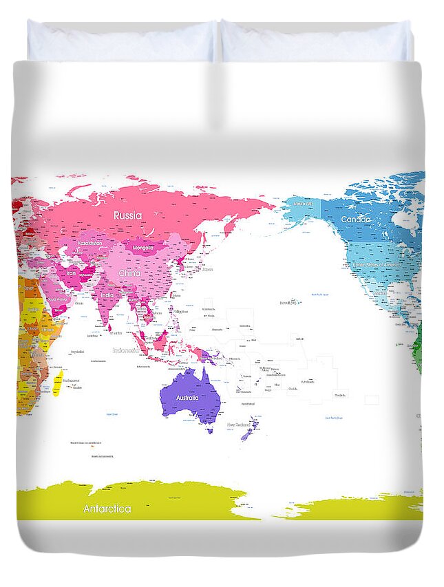 A Map Of The World With Continents In Different Shades. Extra Large Text For Country Names Duvet Cover featuring the digital art Continents World Map by Michael Tompsett