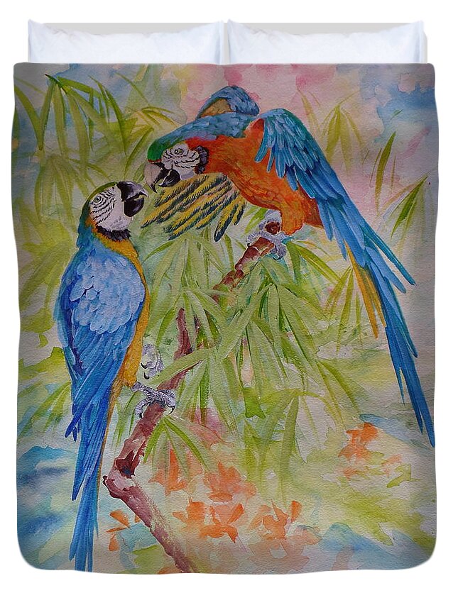 Parrots Duvet Cover featuring the painting Conversation with Jackie by Summer Celeste