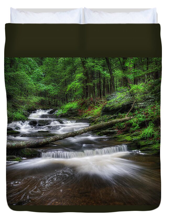 Green Duvet Cover featuring the photograph Cool Spring Stream by Bill Wakeley