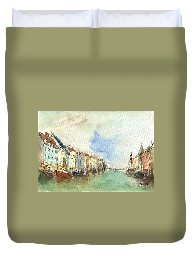 Copenhagen Duvet Cover featuring the painting Copenhagen harbour by Juan Bosco