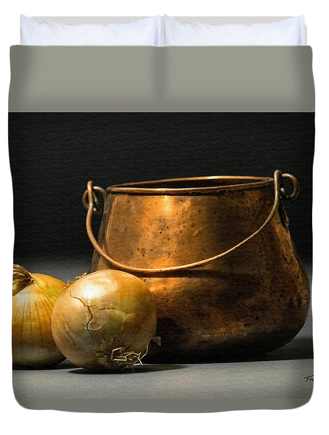 Copper Pot And Onions Duvet Cover featuring the photograph Copper Pot and Onions by Frank Wilson