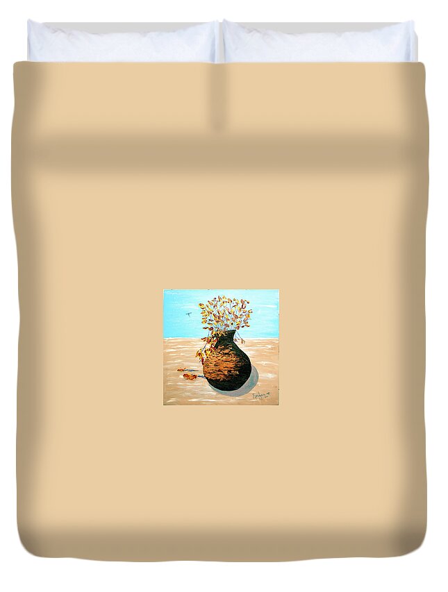 Pot Duvet Cover featuring the painting Copper Pot in Desert by Kenlynn Schroeder