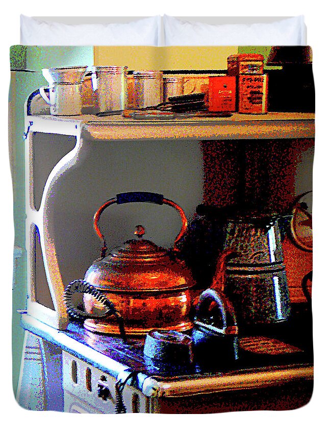 Kitchen Duvet Cover featuring the photograph Copper Tea Kettle on Stove by Susan Savad