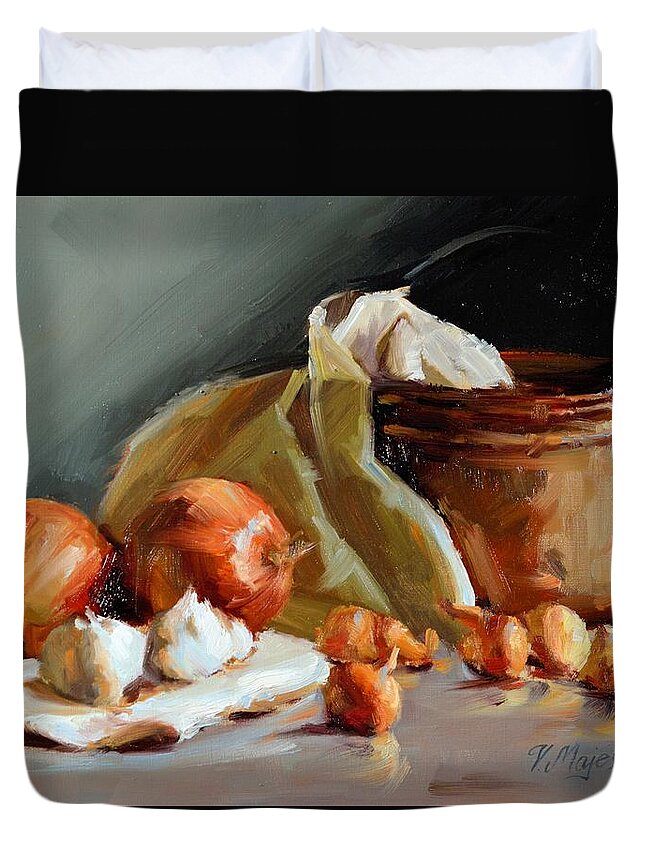 Onions Duvet Cover featuring the painting Copper Vessel and Onions by Viktoria K Majestic
