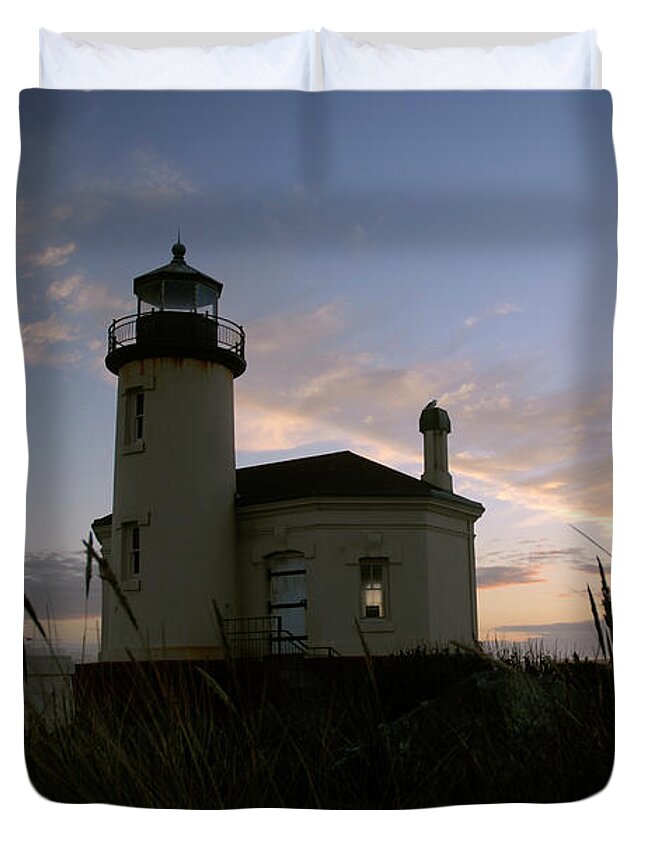 Denise Bruchman Duvet Cover featuring the photograph Coquille River Lighthouse at Sunset by Denise Bruchman