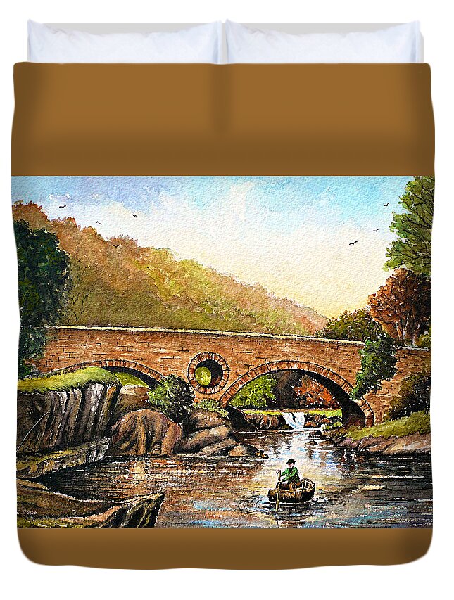 Cenarth Duvet Cover featuring the painting Coracle fishing Cenarth by Andrew Read