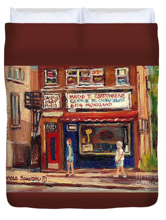 Montreal Streetscene Duvet Cover featuring the painting Cordonnerie Coin Key Shoe Repair Shop Montreal Memories Original Canadian Art Scene Carole Spandau  by Carole Spandau