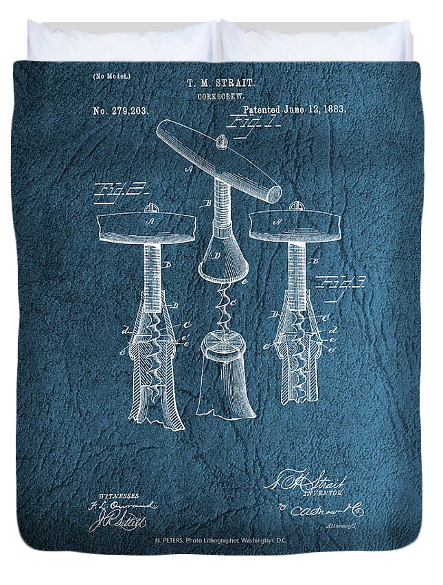 Patent Duvet Cover featuring the photograph Corkscrew Patent Drawing From 1883 - Vintage by Doc Braham