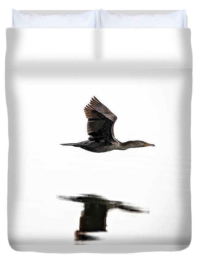 Cormorant Duvet Cover featuring the photograph Cormorant in Flight by Michael White
