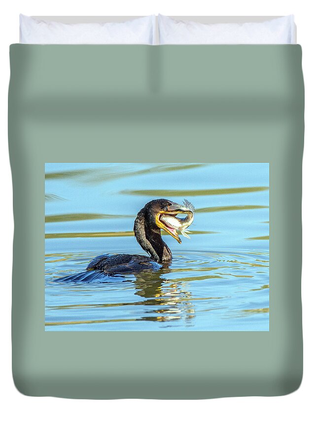 Cormorant Duvet Cover featuring the photograph Cormorant with Fish 5461-112617-2cr by Tam Ryan