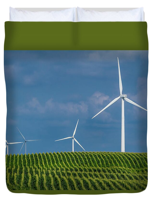 Alternative Energy Duvet Cover featuring the photograph Corn Rows and Windmills by Ron Pate