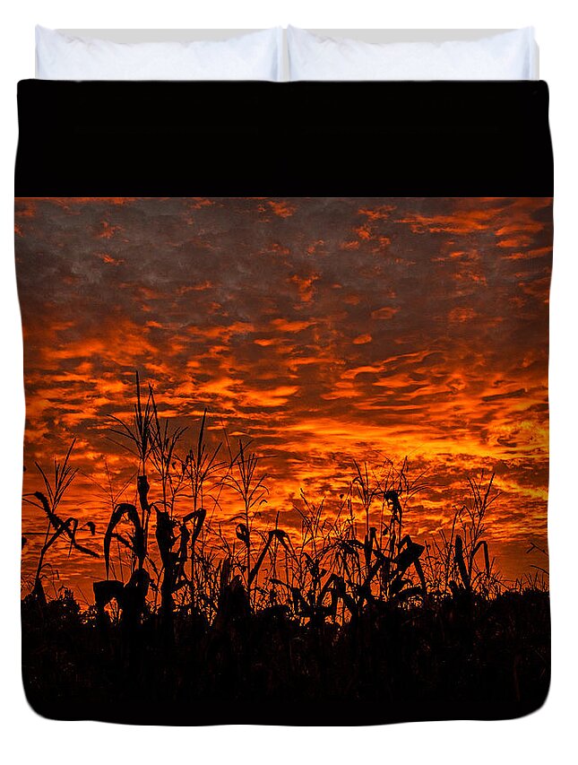 Corn Under A Fiery Sky Framed Prints Duvet Cover featuring the photograph Corn Under A Fiery Sky by John Harding