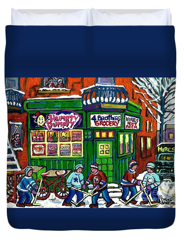 Montreal Duvet Cover featuring the painting Corner Store Paintings Vintage Grocery Humpty Dumpty 4 Brothers Hires Root Beer Truck Canadian Art by Carole Spandau